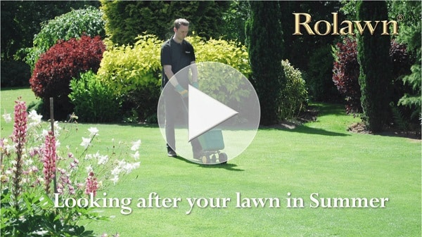Opening frame of Rolawn's Summer Lawn Care video showing a lawn being fertilised with a spreader, with a play video icon over the image