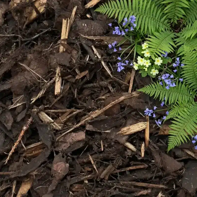 Landscaping bark handy bag with fern and bluebells