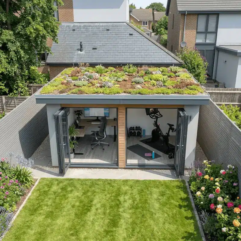 Garage Green Roof on a Summer house with home office and Peloton in the UK