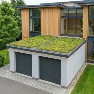 Double garage with green roofs on timber new build
