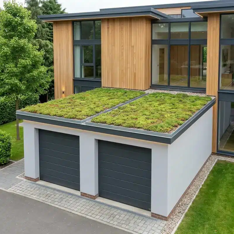 Double garage with green roofs on timber new build